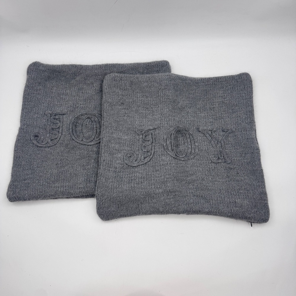 Pottery Barn "JOY" Knit Pillow Covers Set of 2 Gray 18x18
